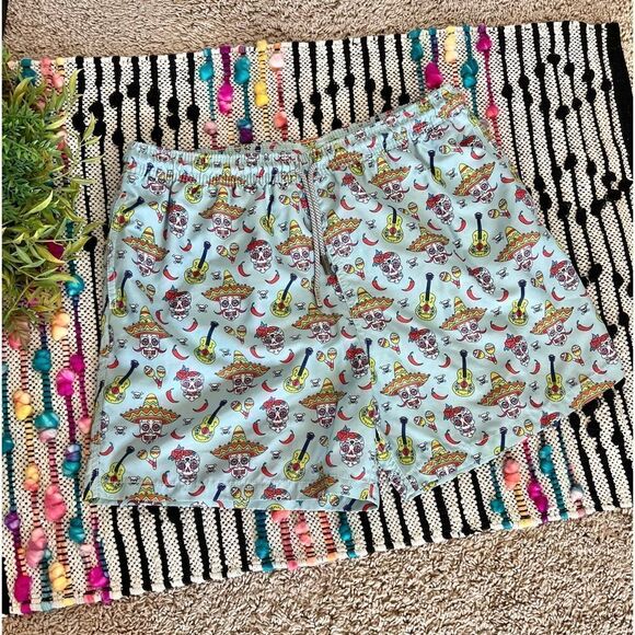 Amiani Blue Colorful Sugar Skull Pepper Sombrero Guitar Swim Trunk Shorts Sz L - Picture 1 of 8